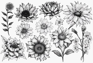 masculine tattoo blackwork
Sunflower, Chrysanthemum, gladiolus, Forget-me-not, Sakura tattoo idea