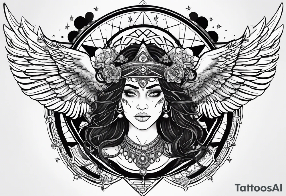 black kali, goddess pirate, alien, angel, pachamama, valkrye, warrior, flying, skull, lotus azul, wing, eagle, zenza resonance, stars, 5D, anahata chakra, death, durga, riding on a tiger, flying lady tattoo idea