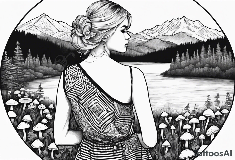 Straight blonde hair girl holding mushrooms in hand facing away toward mountains surrounded by mushrooms circular design black and white striped dress tattoo idea