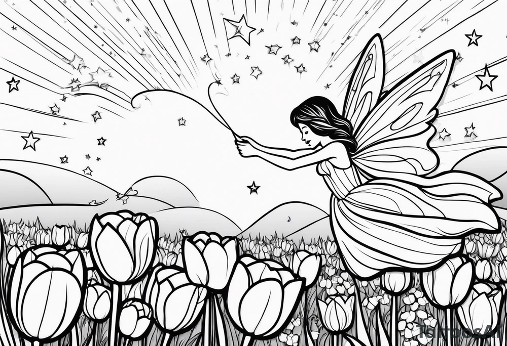 a fairy flying into a tulip with stars in the sky tattoo idea