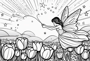 a fairy flying into a tulip with stars in the sky tattoo idea