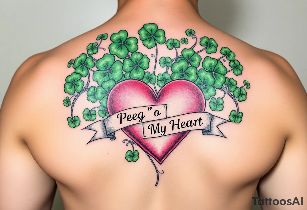 A lot of green shamrocks & ahorses with a big Pink heart and a banner across the heart that says Peg 'o My Heart tattoo idea