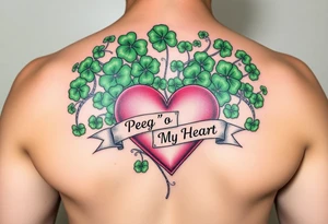 A lot of green shamrocks & ahorses with a big Pink heart and a banner across the heart that says Peg 'o My Heart tattoo idea