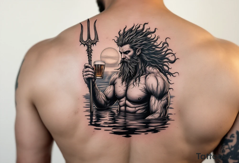 young, fit poseidon in calm water, holding a trident, drinking a beer, with sunset tattoo idea