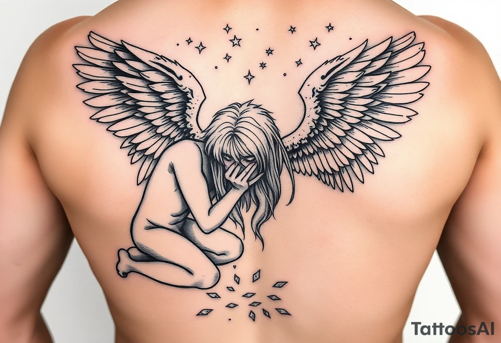 Fallen angels on knees head down looking him nonsese dropped hands on ground while him long blonde hair cover him face and his great full wings  scattered in the sky tattoo idea