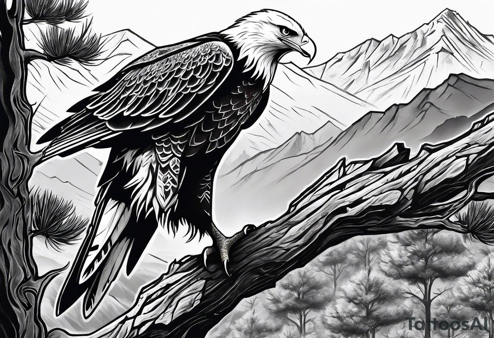 Eagle searching for a White Dove on a tree limb in the mountains tattoo idea