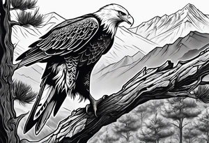 Eagle searching for a White Dove on a tree limb in the mountains tattoo idea