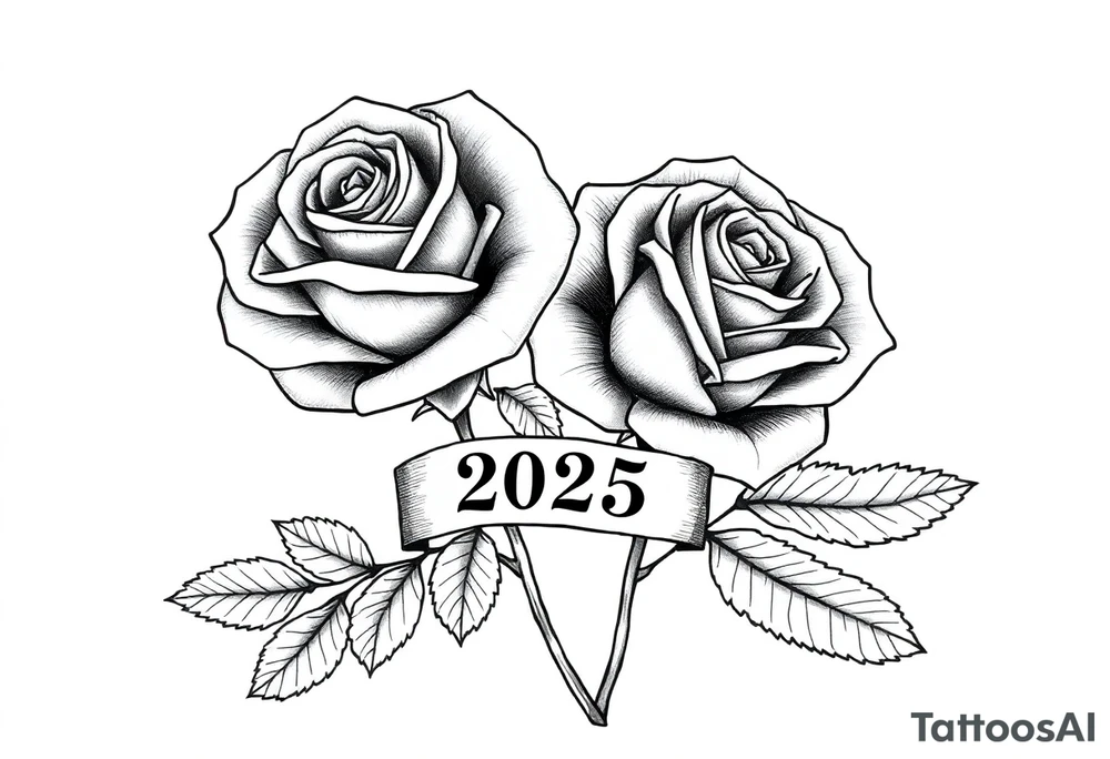 two beautiful large rose buds, one larger than the other, with lots and lots of leaves next to the rose buds, with one sitting slightly higher than the other, side-by-side.  Include a banner connecting the two roses with the year 2025 on it.   Use dark outlines with little shading. No stems tattoo idea