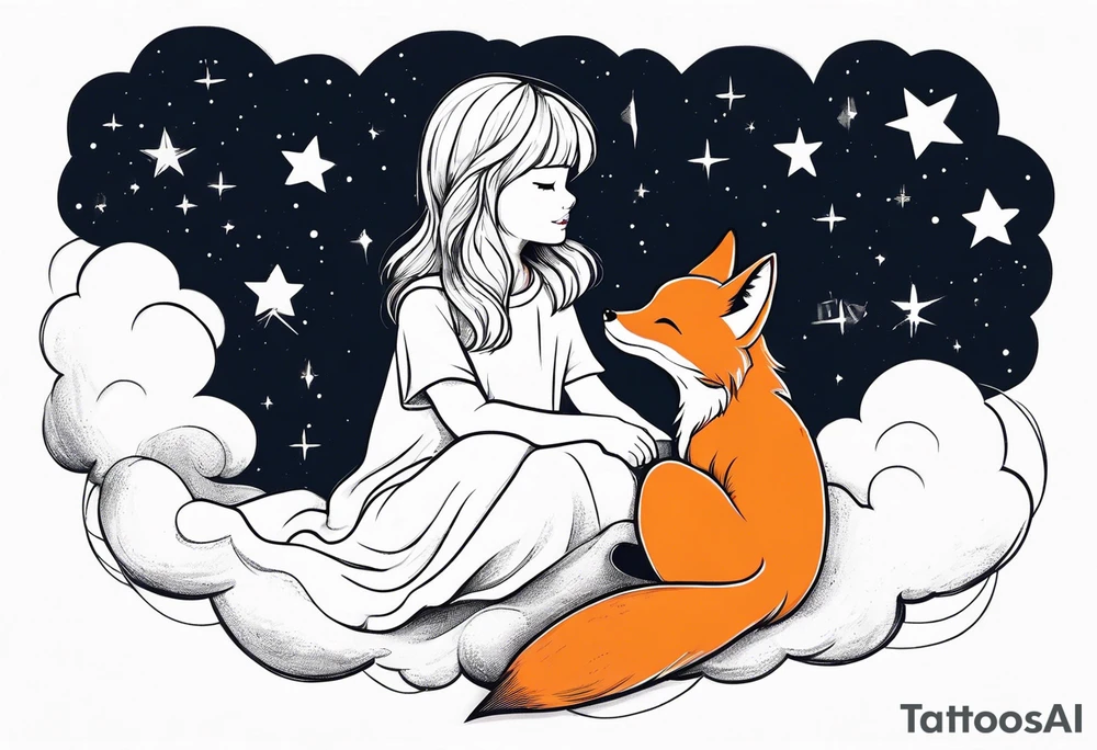 little girl with a fox sitting back on a cloud and look at the stars tattoo idea