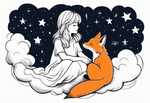 little girl with a fox sitting back on  a cloud and look at the stars tattoo idea