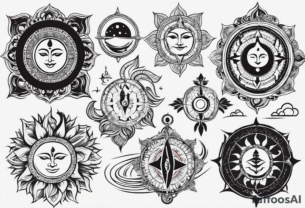 incorporating symbols of travel like a compass or a world map, alongside imagery that represents joy and happiness, such as a smiling sun or playful clouds? These elements can complement Lord Shiva in a dynamic and uplifting tattoo design, reflecting your adventurous spirit and positive outlook on life. tattoo idea
