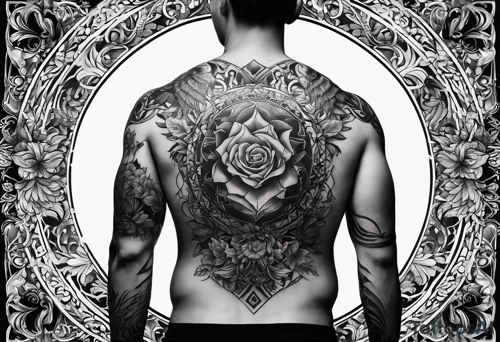 An aesthetic but unpretentious tattoo that is placed on the upper back of a male. It should represent religion, discipline, pain and the love to animals. tattoo idea