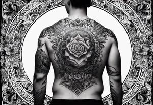 An aesthetic but unpretentious tattoo that is placed on the upper back of a male. It should represent religion, discipline, pain and the love to animals. tattoo idea
