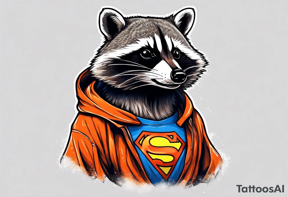 Raccoon wearing an orange Superman hoodie tattoo idea