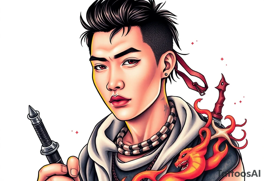 Handsome Asian young guy is a witch hunter tattoo idea