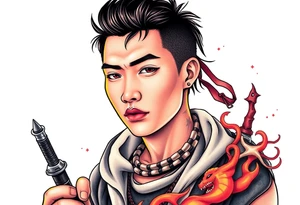 Handsome Asian young guy is a witch hunter tattoo idea