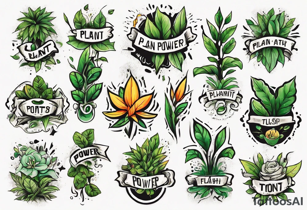 Words “Plant Power” with plants tattoo idea