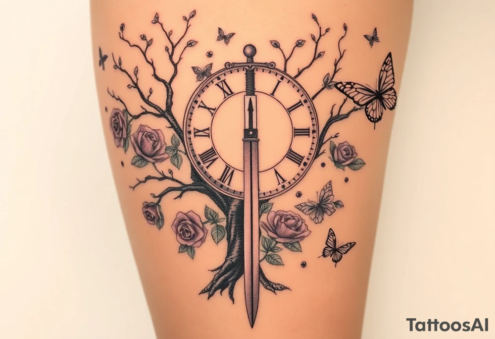 a big clock behind the big poisoned tree, big and small roses, big and small butterflies with a big sword behind it all tattoo idea