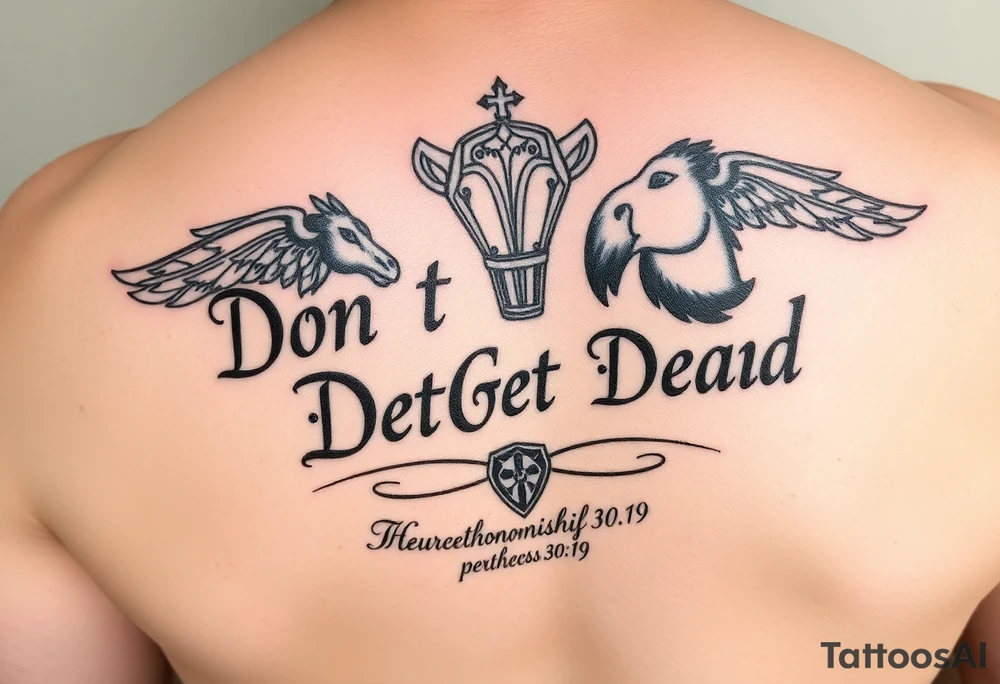 I want a cool design that includes the words “Don’t Get Dead” and includes the scripture reference Deuteronomy 30:19. Also I want something representing each of the 4 members of my family. I want it to go on my forearm tattoo idea