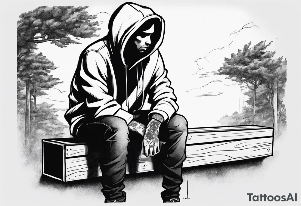 a guy in a hoodie sitting on a wooden box, looking down. Make it feel contemplative and realistic, as if you're viewing it from 10 meters away. tattoo idea