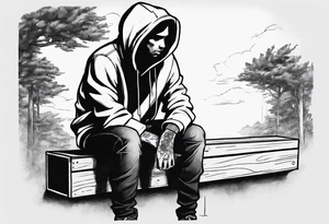 a guy in a hoodie sitting on a wooden box, looking down. Make it feel contemplative and realistic, as if you're viewing it from 10 meters away. tattoo idea