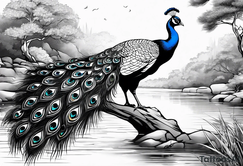 peacock along side a river tattoo idea