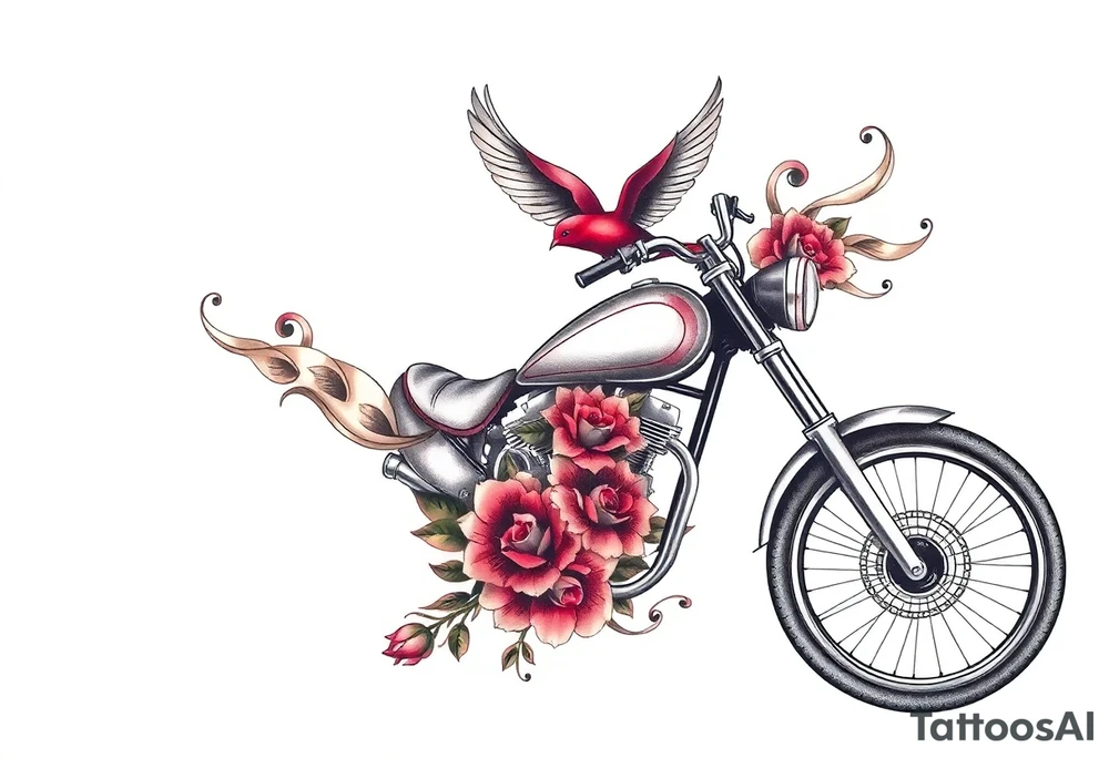 Motorcycle, red bird flying, roses and lace, flames tattoo idea