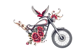 Motorcycle, red bird flying, roses and lace, flames tattoo idea
