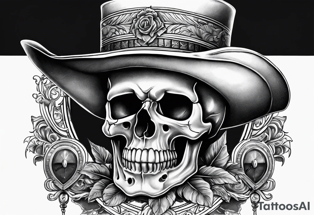 Skull with western hat sitting on hour glass tattoo idea