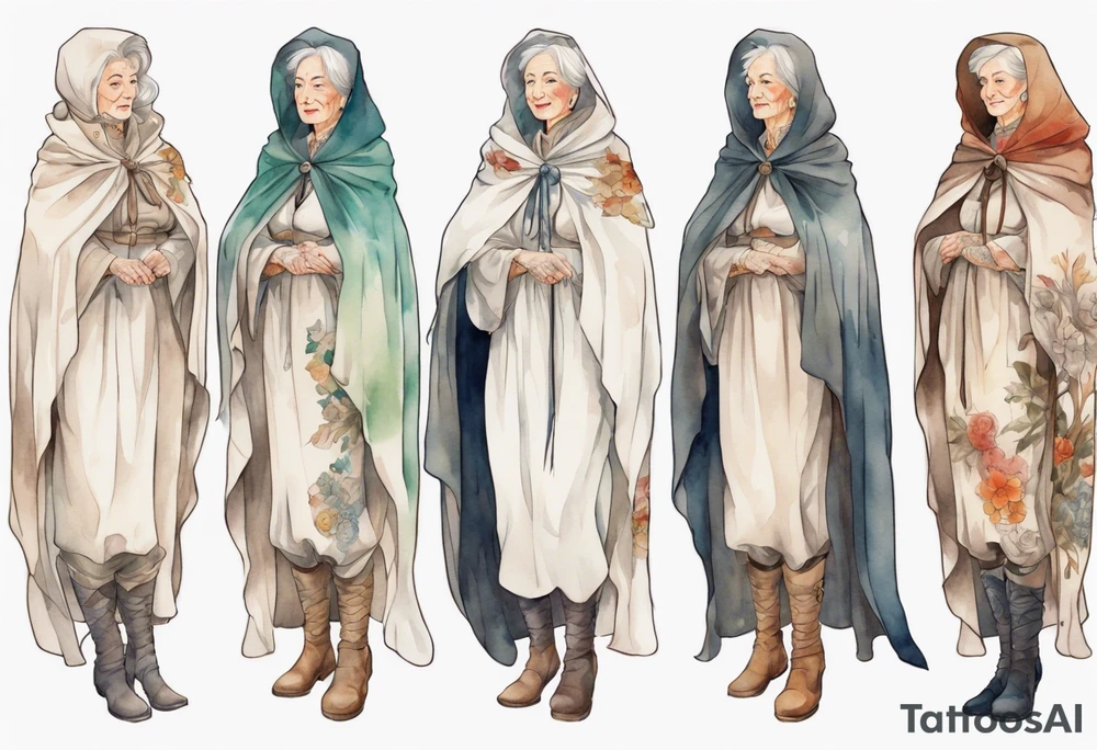 beautiful older woman wearing white medieval cloak and boots tattoo idea
