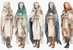 beautiful older woman wearing white medieval cloak and boots tattoo idea