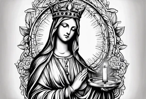 sleeve of virgin mary statue, rosary, 3 candles, and a crown of thorns tattoo idea
