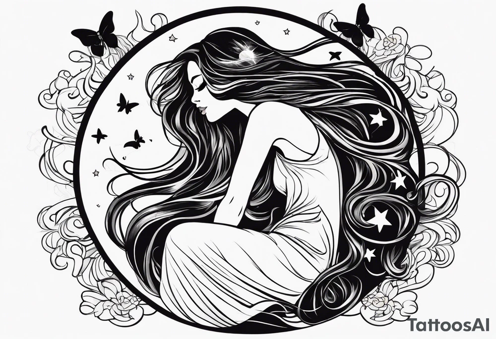 Beautiful woman with butterflies in her long wavy hair sitting on a half moon, with a moon and star background tattoo idea