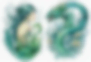a blue-green Naiad next to a sea serpent tattoo idea