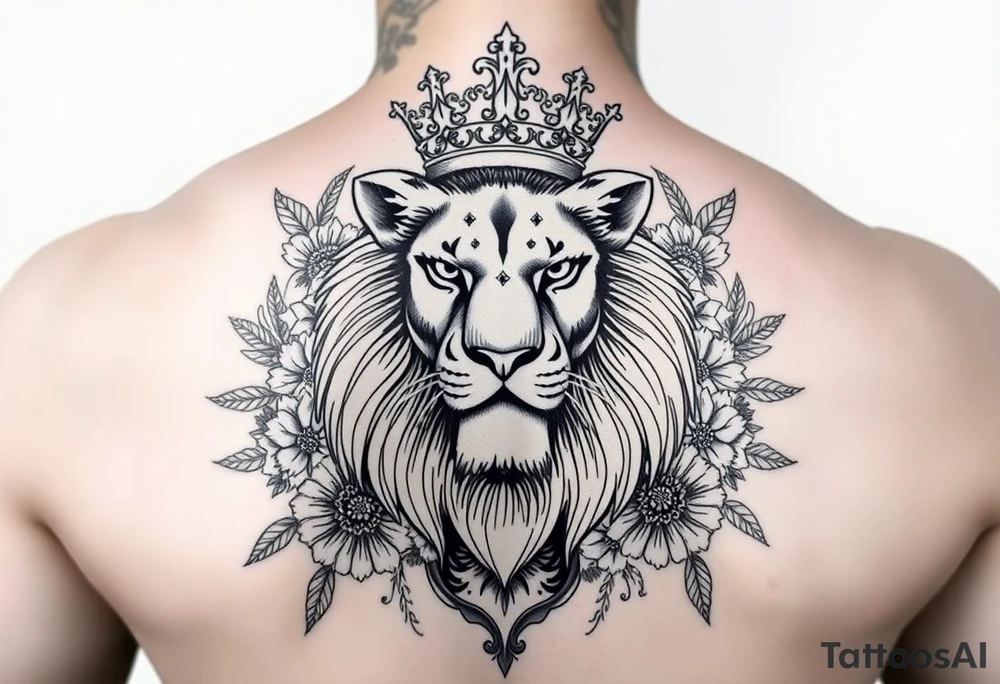 powerful majestic lion with a crown, surrounded by floral ornaments and birds tattoo idea