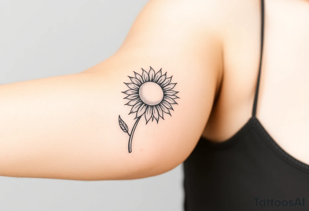 Half Sunflower, half sun tattoo that will "shine" on my bicep with stem, fine line and feminine tattoo idea