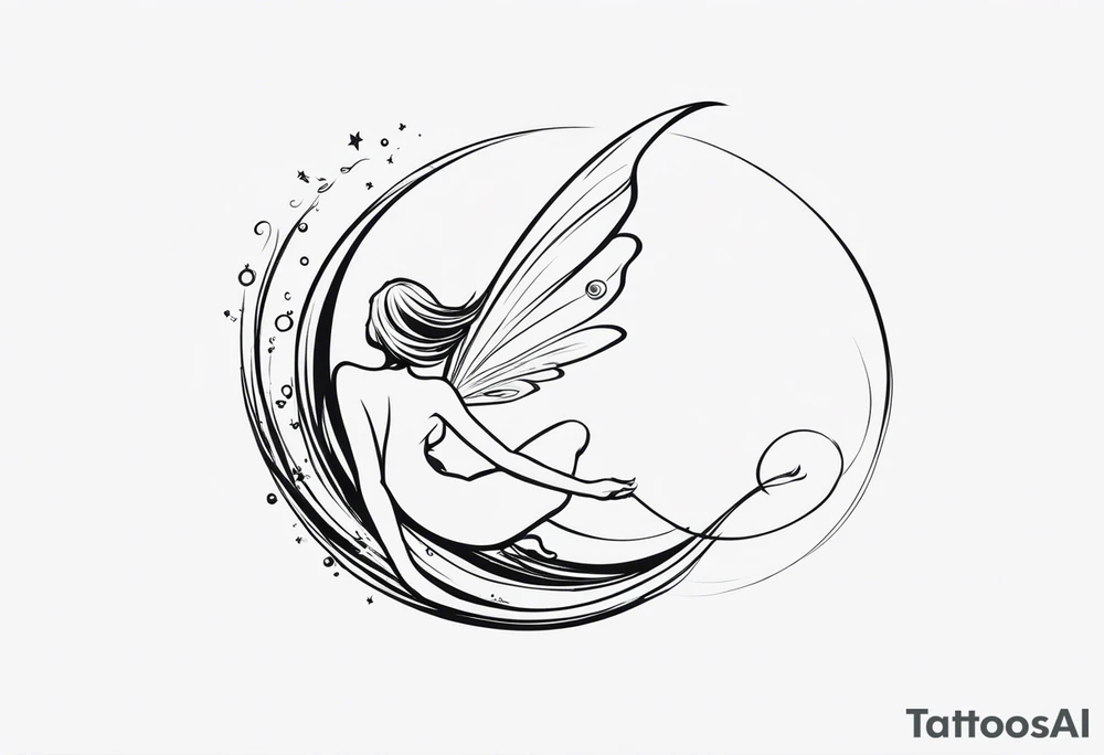 Minimalistic, monochromatic fairy with a tail flying to the left in a fetal position, leaning and looking in the same direction, with visible hands, embodying the 'Fairy Tail' logo aesthetic. tattoo idea