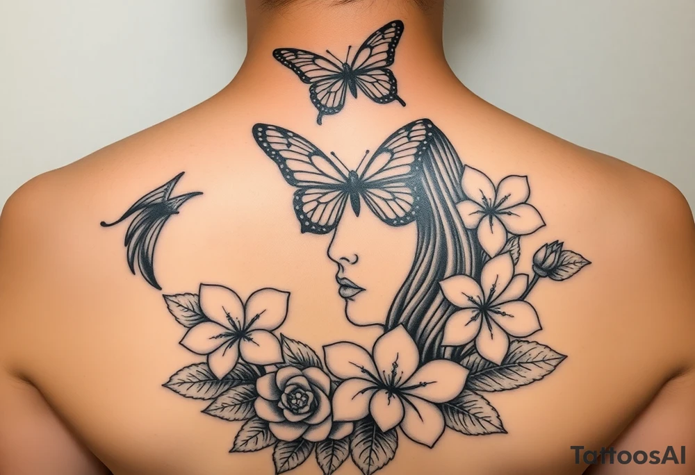 In the center above and flying butterfly that is bigger then flowers but not too big and then and flowers continue right under neath that a women with ling hair flowing her eyes are covered and not seen because the big butter fly avouve is covering her eyes so all you see is her small nose and her lips but her lips are sown shut like stiches and she has her hands covering bother her ears rose bush mixed with some Beautiful pink plumeria tattoo idea
