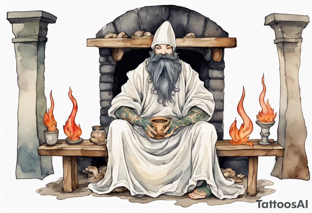 a mushroom-creature with a beard wearing a medieval tunic sitting on a bench by a fireplace drinking from a wood cup, happy tattoo idea