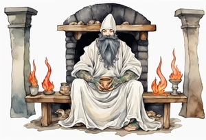 a mushroom-creature with a beard wearing a medieval tunic sitting on a bench by a fireplace drinking from a wood cup, happy tattoo idea