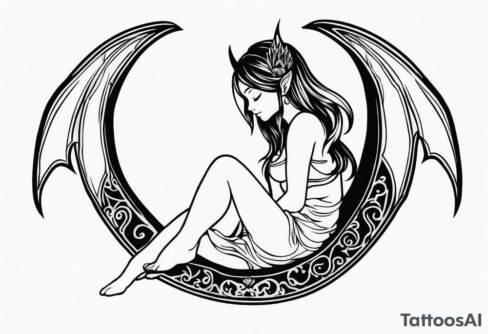 A fairy with a tail inspired by the logo of the show called Fairy Tail in a fetal position leaning in tattoo idea