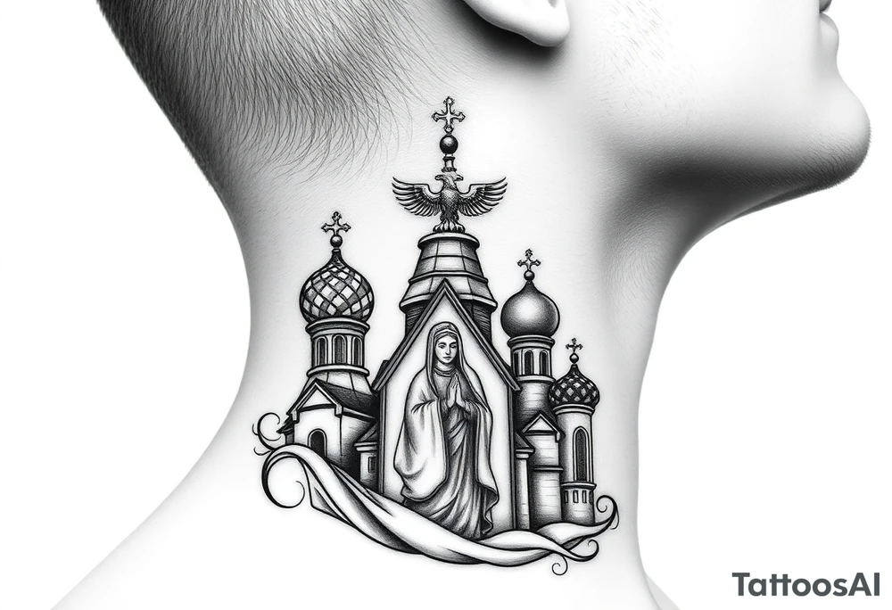 Flowing Scene

A onion domes orthodox church
Virgin Mary in prayer pose wrapping around the lower neck curve
A small double headed russian coat of arms eagle or just the star tucked above the dome near the hairline tattoo idea