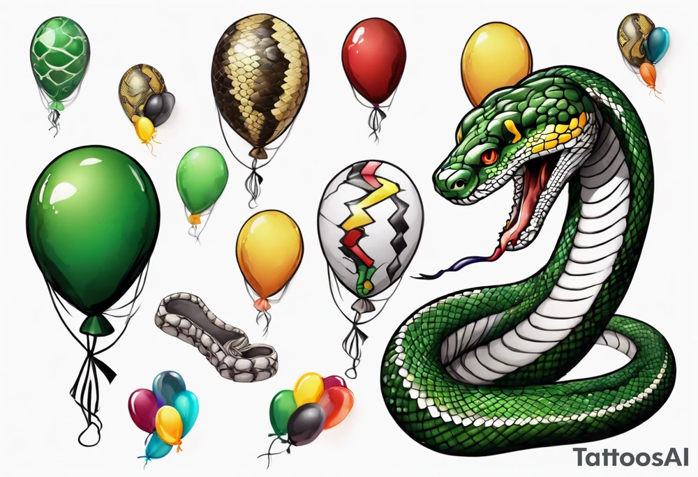 african python with colored ballons aside and a green stone on the other side tattoo idea