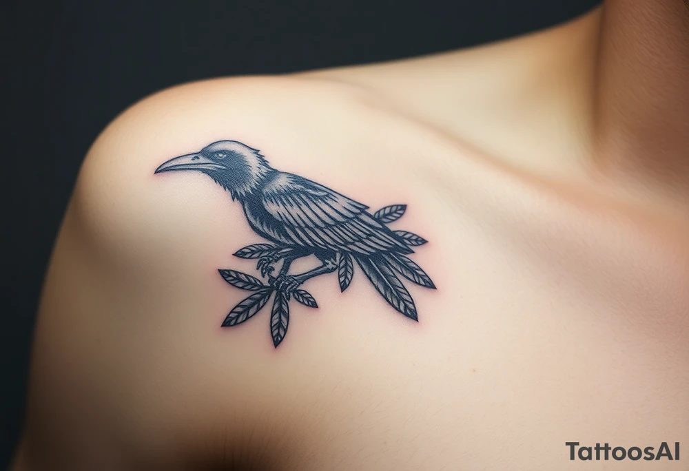 Raven skeleton with peackock feathers and ornaments around tattoo idea