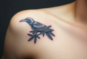 Raven skeleton with peackock feathers and ornaments around tattoo idea