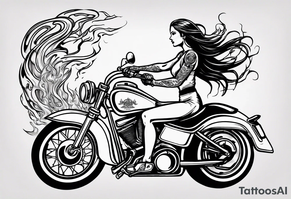 I want a detailed tattoo of a girl riding a motorcycle surrounded by flames with the company name “Viking Customs” incorporated in the design tattoo idea