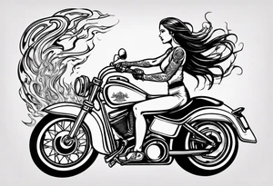 I want a detailed tattoo of a girl riding a motorcycle surrounded by flames with the company name “Viking Customs” incorporated in the design tattoo idea