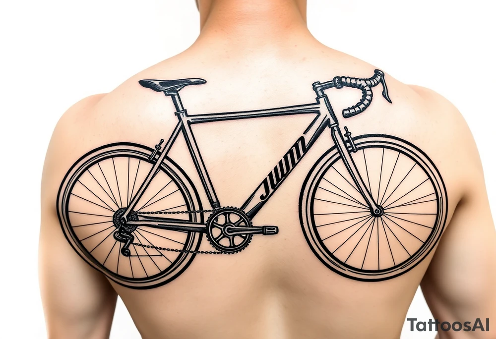 A stylized long wheelbase recumbent with integrated frame lettering spelling out JWM 4” long. tattoo idea