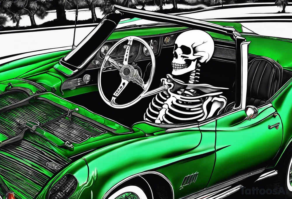 Skeleton smoking a cigarette driving a green 1976 convertible Corvette tattoo idea