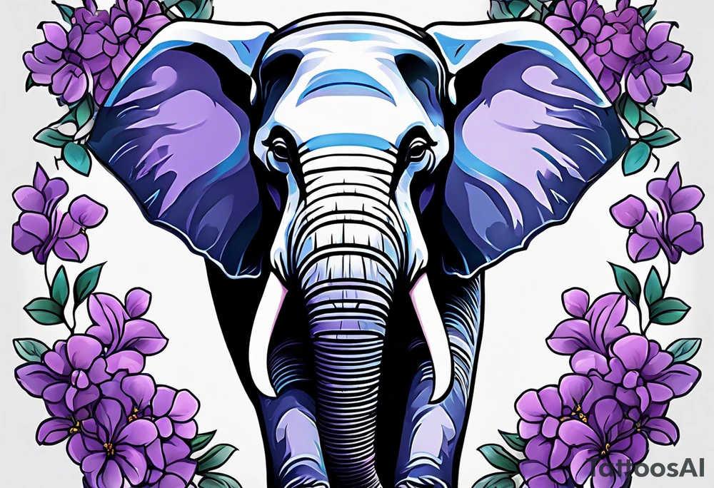 Elephant face covered with lilacs tattoo idea